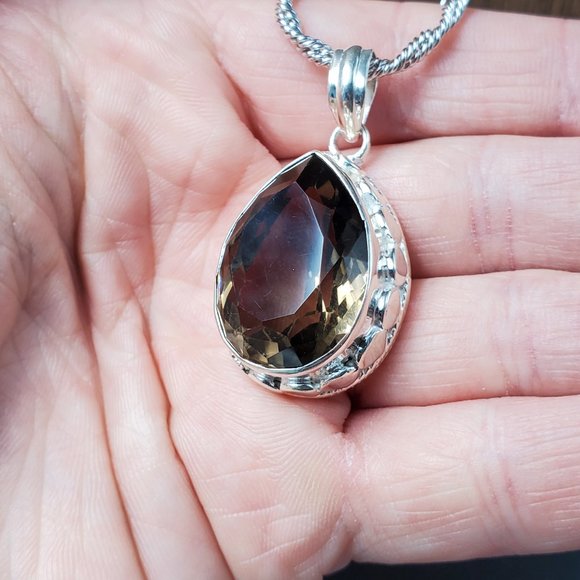 18 Inch Sterling Silver Large Smokey Quartz Gem Pendant Necklace - Picture 5 of 9